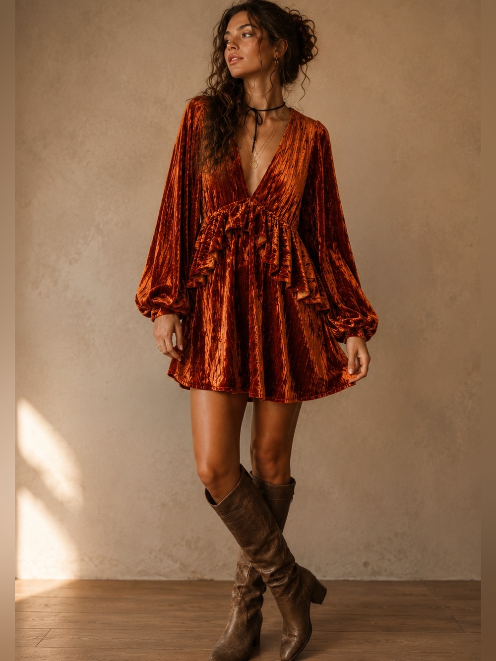 Topshop Burnt Orange Crushed Velvet Mini Dress 8 Ruffle Bell Sleeve Boho